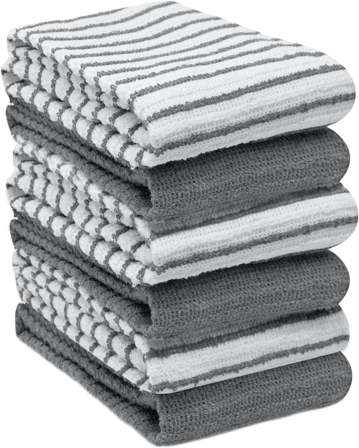 Towelogy Kitchen Towels Grey White / Pack of 6 Gale Cotton Striped Kitchen Tea Towels – Thick and Absorbent Kitchen Towels