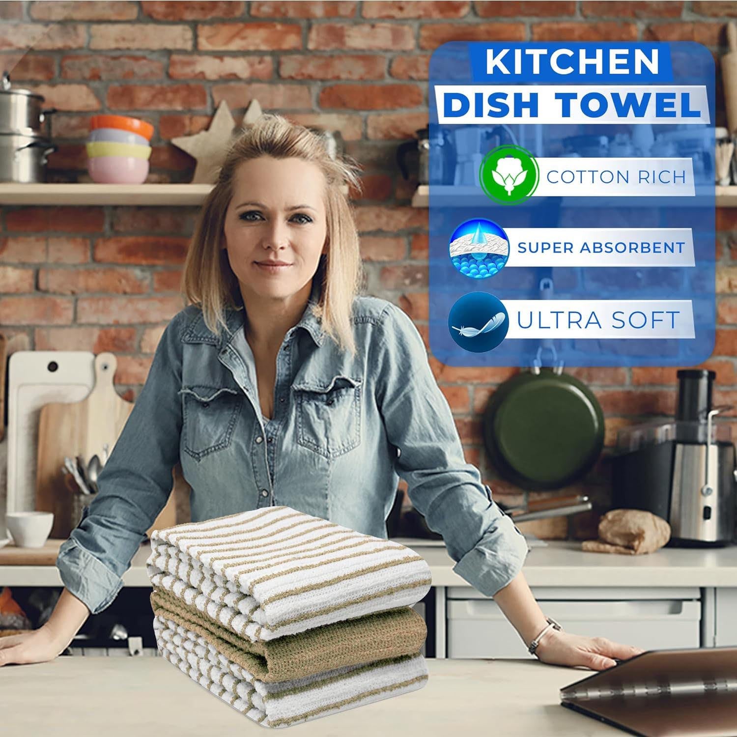 Towelogy Kitchen Towels Gale Cotton Striped Kitchen Tea Towels – Thick and Absorbent Kitchen Towels