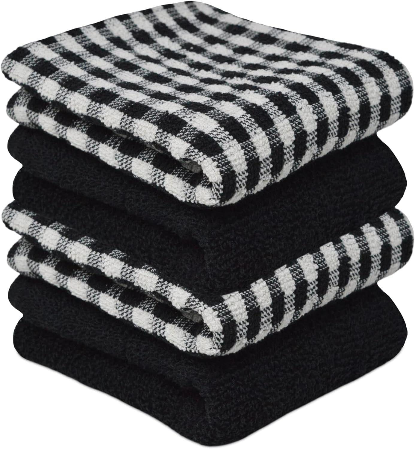 Towelogy Kitchen Towels Black White / Pack of 4 Lisa Pure Cotton Monocheck Terry Kitchen Tea Towels Heavy Duty