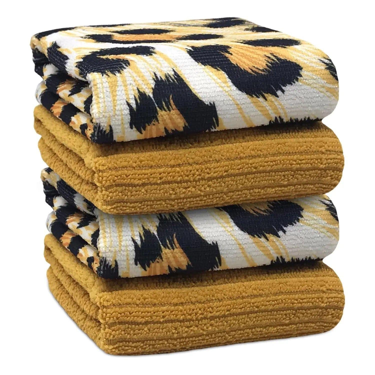 Towelogy Kitchen Towel Mustard Cheetah / Pack of 4 Oakley Microfibre Printed Kitchen Tea Towels