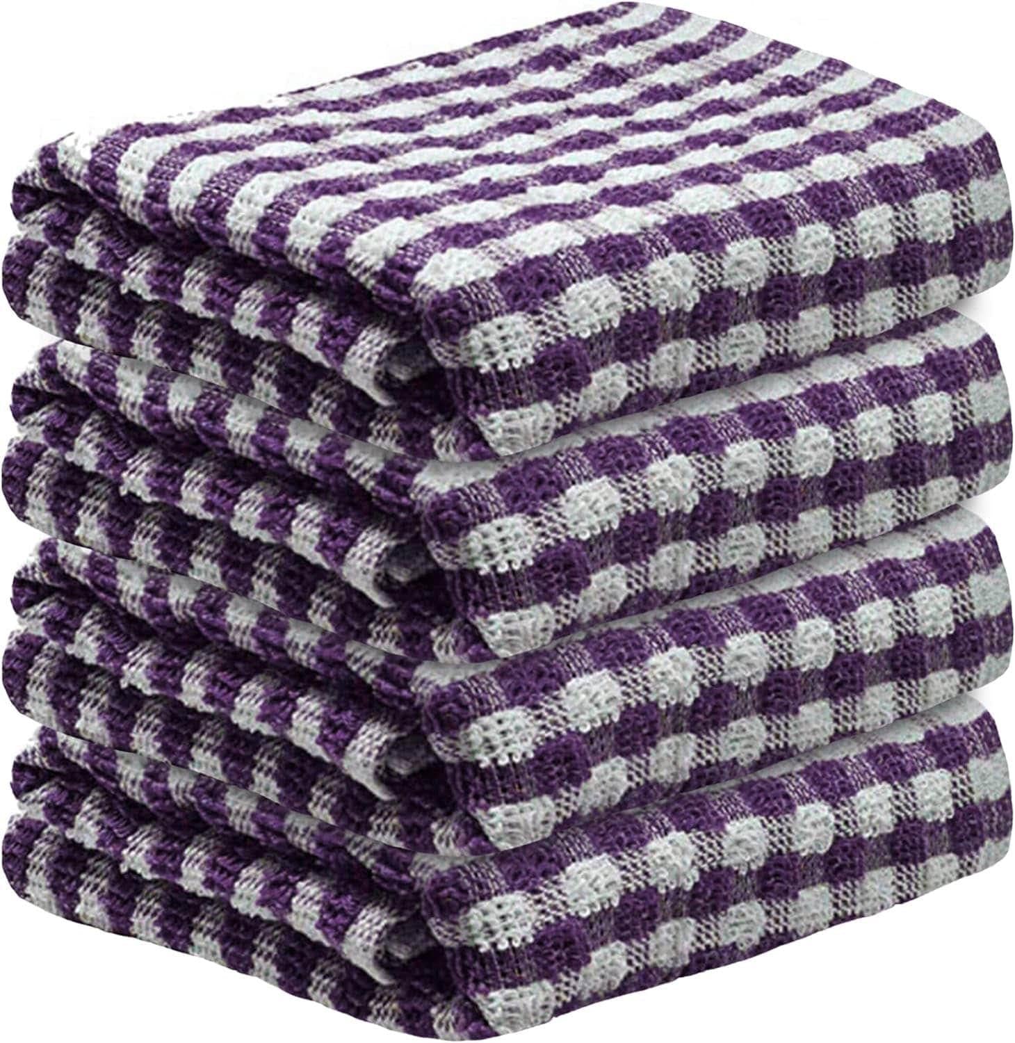 Towelogy Kitchen Towels Purple White / Pack of 4 Lisa Pure Cotton Monocheck Terry Kitchen Tea Towels Heavy Duty